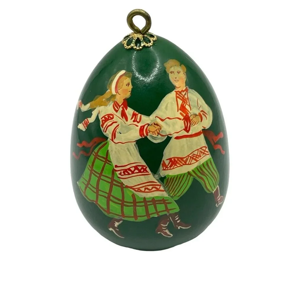 VTG Hand Painted Green Lacquer Russian Dancers Wood Egg Folk Art Ornament Figure